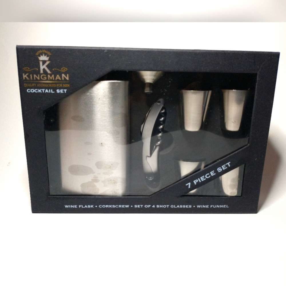 Kingman Cocktail Set 7pc Flask Wine Corkscrew Shot Glass 4 Drink Gift For Him